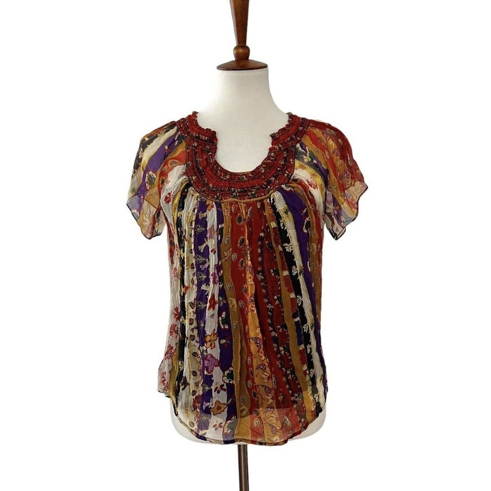 Diane Von Furstenberg DVF Womens 100%‎ Silk Short Sleeve Gauzy Top Blouse 4